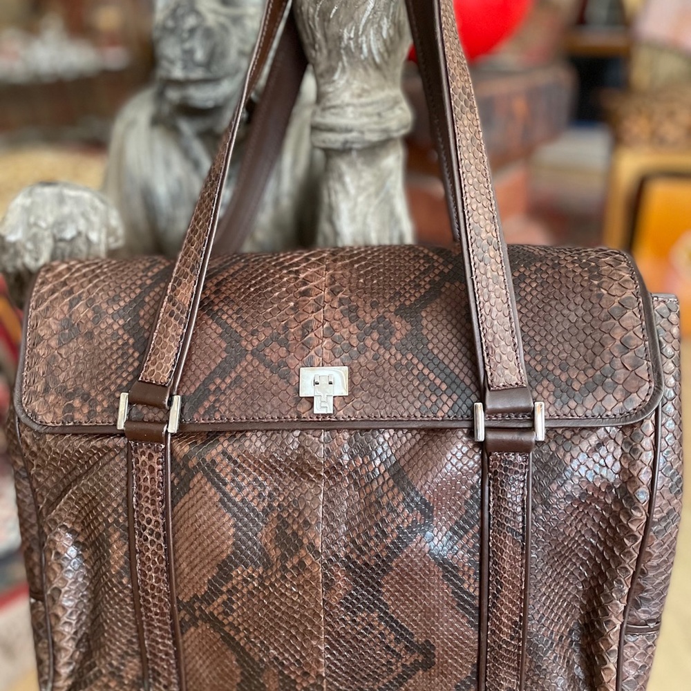 Lambertson Truex Boxcar Brown Python Handbag.
